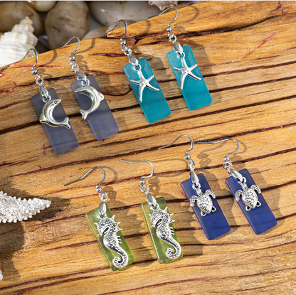 Noah | Beach Sea Glass Earrings Blue Silver Starfish Pierced Hooks Turquoise Dangles