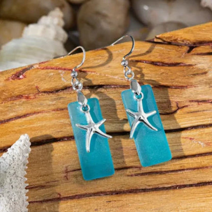 Noah | Beach Sea Glass Earrings Blue Silver Starfish Pierced Hooks Turquoise Dangles