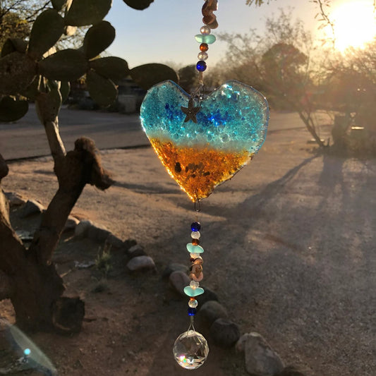 Rea | Ocean Heart Beach Suncatcher Turquoise Starfish Seashells Glass Prism