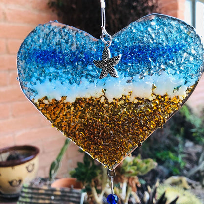 Rea | Ocean Heart Beach Suncatcher Turquoise Starfish Seashells Glass Prism
