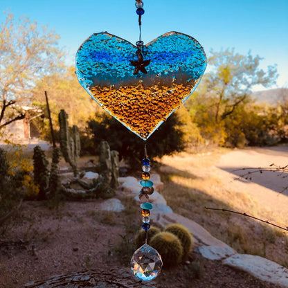 Rea | Ocean Heart Beach Suncatcher Turquoise Starfish Seashells Glass Prism