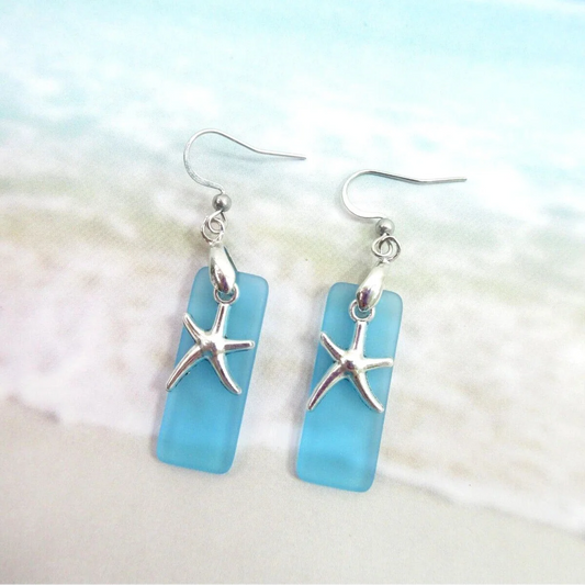 Noah | Beach Sea Glass Earrings Blue Silver Starfish Pierced Hooks Turquoise Dangles